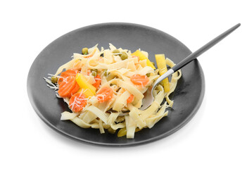 Plate with tasty pasta primavera on white background