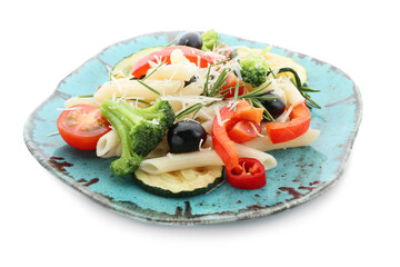 Plate with tasty pasta primavera on white background
