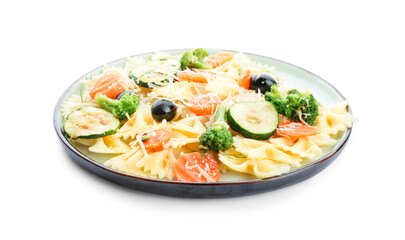 Plate with tasty pasta primavera on white background