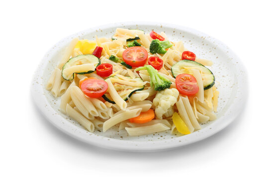 Plate with tasty pasta primavera on white background