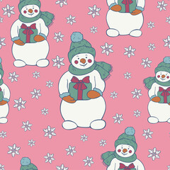 Vector seamless pattern of snowmen and snowflakes on a light pink background. New year Christmas design.