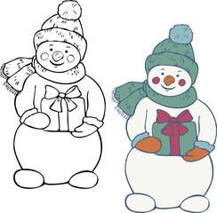 Vector illustration of black and white and colored snowmen with gifts. Winter Christmas snowman.