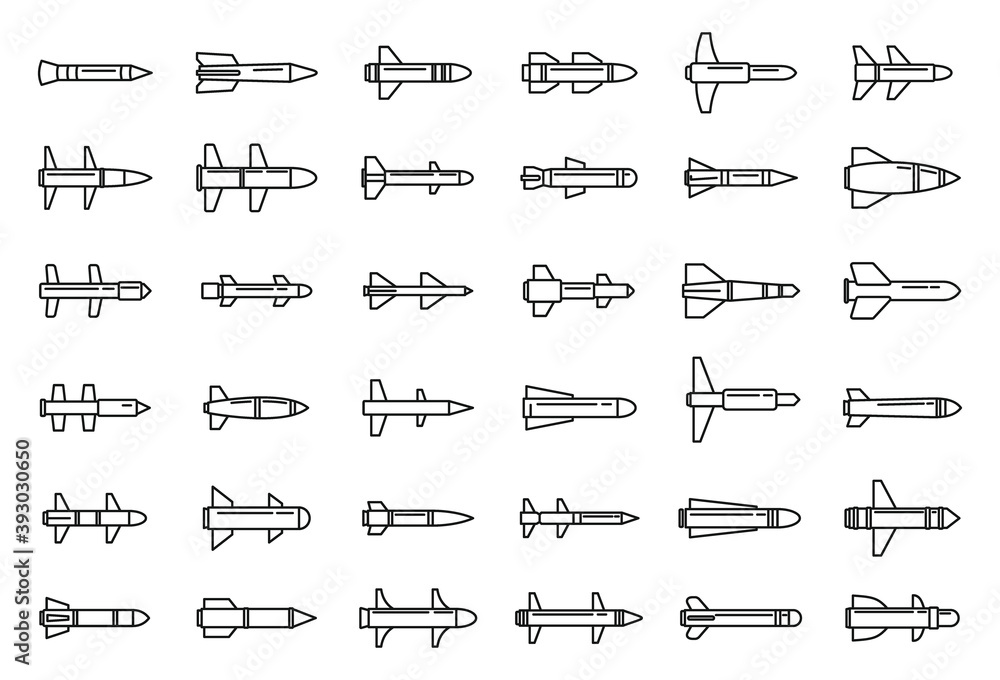 Poster air missile attack icons set. outline set of air missile attack vector icons for web design isolated