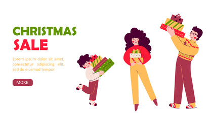 Christmas gifts sale, family holiday, flat vector landing page template.