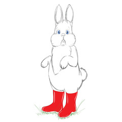 Cute Sketch Bunny with RCute Sketch Bunny with Red Boots. Beautiful and Adorable White Rabbit. Vector illustration. Free Hand Draw. Freehand Drawing. Sketched Portrait of a Cute Bunny. Cartooned Boots