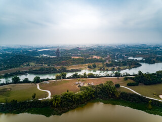Aerial photography of fields and buildings in rural China