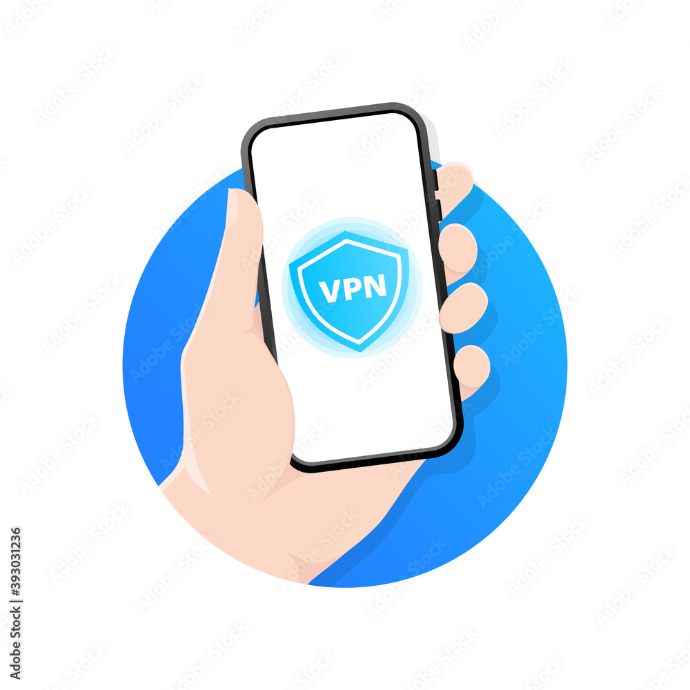 Poster connecting to vpn via mobile network. hand holding smartphone showing mobile app of a vpn service. v