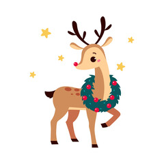 Cute Christmas Fawn with Wreath on the Neck, Merry Xmas and New Year, Happy Winter Holidays Concept Cartoon Style Vector Illustration