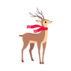 Beautiful Christmas Deer Wearing Red Scard, Merry Xmas and New Year, Happy Winter Holidays Concept Cartoon Style Vector Illustration