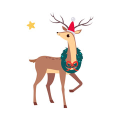 Beautiful Christmas Deer in Santa Hat with Wreath on its Neck, Merry Xmas and New Year, Happy Winter Holidays Concept Cartoon Style Vector Illustration