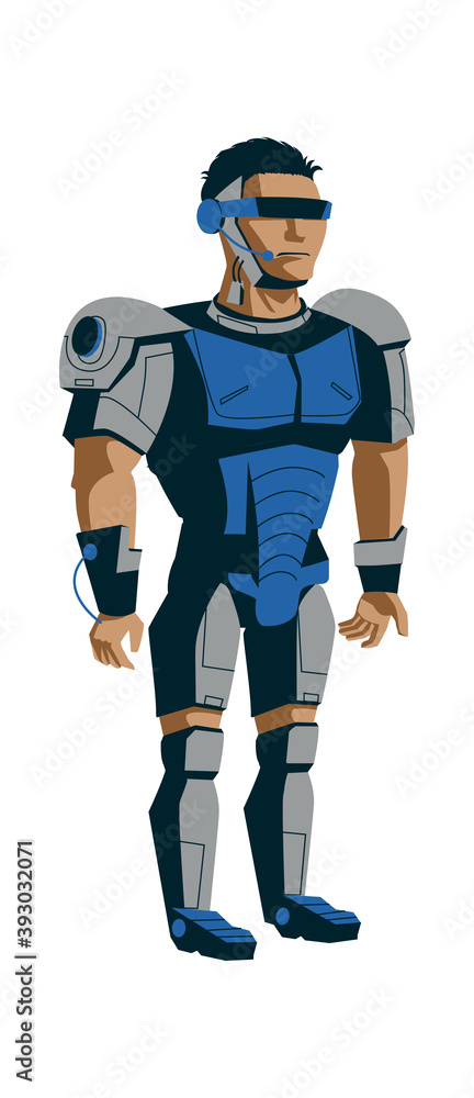 Poster robot evolution, man in metal exoskeleton, artificial intelligence technological progress cartoon ve