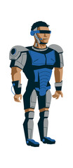 Robot evolution, man in metal exoskeleton, artificial intelligence technological progress cartoon vector in blue color Robots development