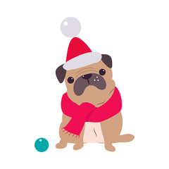 Funny Pug Dog in Red Santa Hat and Scarf, Symbol of Xmas and New Year, Happy Winter Holidays Concept Cartoon Style Vector Illustration