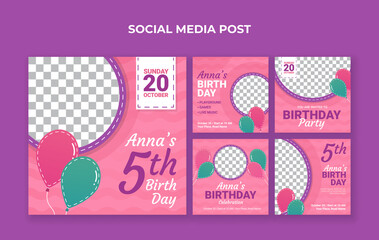 Kids birthday party social media post template. Suitable for kids birthday invitation or any other kids event