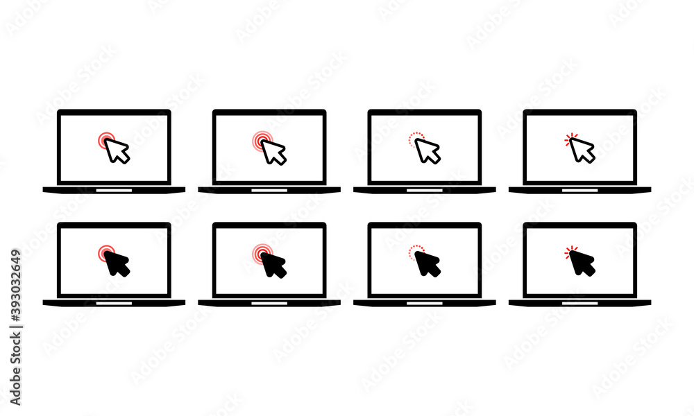 Poster laptop with cursor icon set. click icon. computer mouse, pointer, notebook, computer. concept of usi