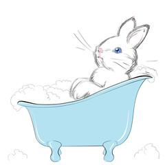 Vector Illustration of a Cute Little Bathing Bunny with Foam. Freehand Drawing of a Small White Rabbit with Blue Eyes. Beautiful and Adorable Fluffy Leveret. Free Hand Draw. Cartoon Kids Style.