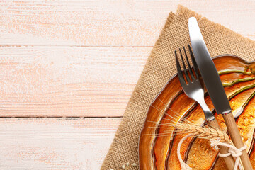 Beautiful table setting for Thanksgiving Day celebration on wooden background