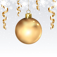 Golden Christmas balls with ribbon on Christmas background with snowflakes.