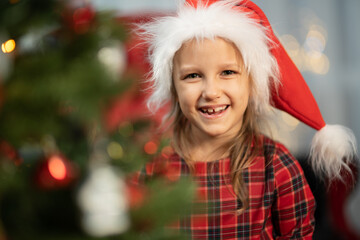 A child near a Christmas tree