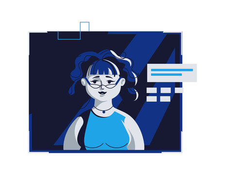 Modern people avatar in casual clothes, vector cartoon illustration. Woman with individual face and hair, in light digital frame on dark blue computer background, picture for web profile