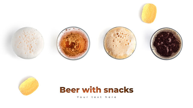 Beer with snacks on a white background. High quality photo