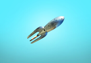 Vintage rocket on a blue background. Old spaceship takes off. Travel to mars concept
