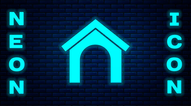 Glowing neon Dog house icon isolated on brick wall background. Dog kennel. Vector.