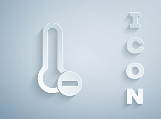 Paper cut Meteorology thermometer measuring icon isolated on grey background. Thermometer equipment showing hot or cold weather. Paper art style. Vector.