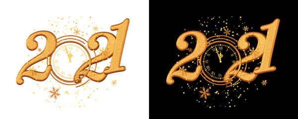 New Year's, Christmas holiday background, gold chifras 2021, tinsel, glitter, jewelry, clock, arrows, 3d rendering, isolated