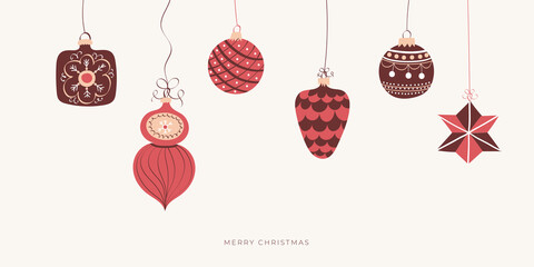 Design Merry Christmas banner template. Merry Christmas and Happy New year website layout. Hand drawn vintage Christmas decorations, Christmas balls. Trendy vector illustration