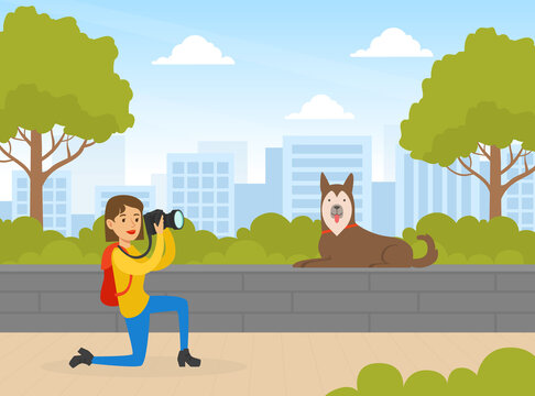Girl Photographer with Digital Camera Taking Photo of Dog in Summer Park Cartoon Vector Illustration
