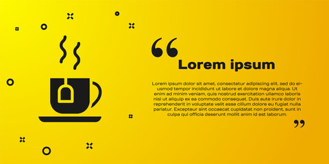 Black Cup of tea with tea bag icon isolated on yellow background. Vector.