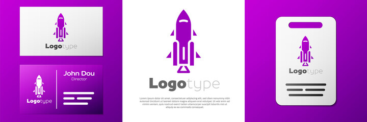 Logotype Rocket ship with fire icon isolated on white background. Space travel. Logo design template element. Vector.