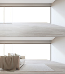 Blank wall on empty wooden floor of large living room in modern house or luxury villa. Minimal home interior 3d rendering with white background.