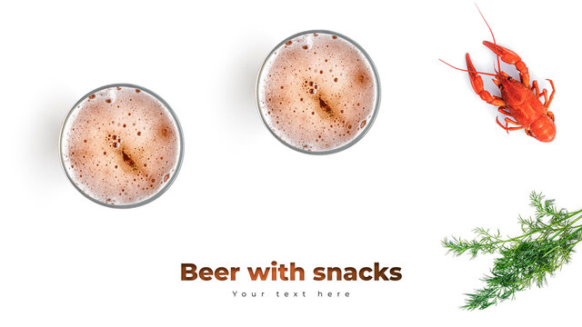 Beer with boiled crawfish on a white background. High quality photo