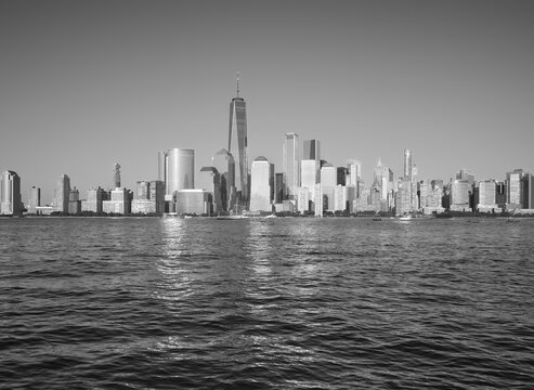 Black and white picture of Manhattan waterfront, USA.
