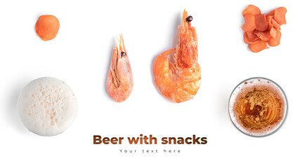 Beer with seafood snacks on a white background. High quality photo