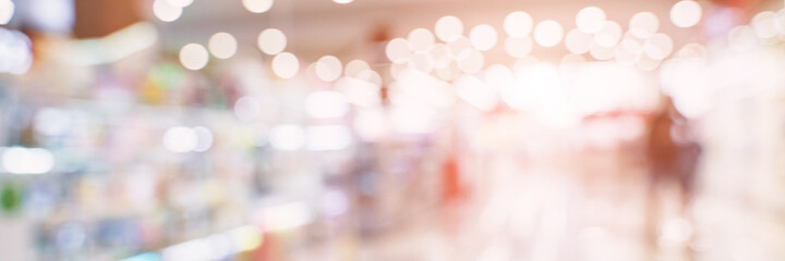 Empty blurry mall background. DeFocused wallpaper. Business office interior. Light lifestyle supermarket. Bokeh effect. Holiday backdrop. Copyspace for text. Ready for card or site design