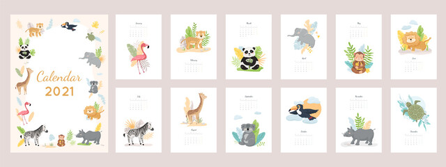 Calendar 2021 with cute wild baby animals. Set of 12 month vector illustrations, zoo characters design concept. Jungle leaves, plants isolated on white background © Marina