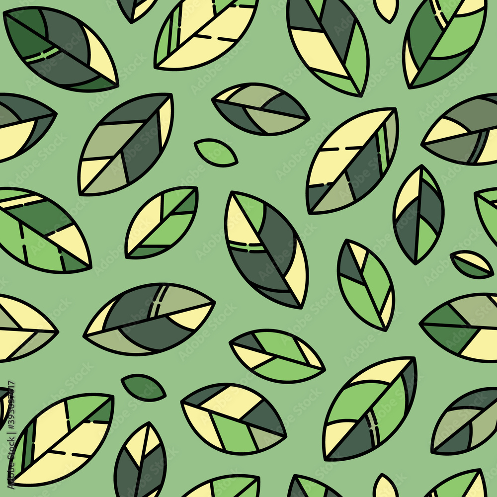 Poster green geometric leaves seamless repeat pattern background design. nature vector pattern abstract lea