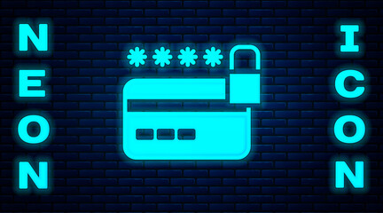 Glowing neon Credit card with lock icon isolated on brick wall background. Locked bank card. Security, safety, protection. Concept of a safe payment. Vector.