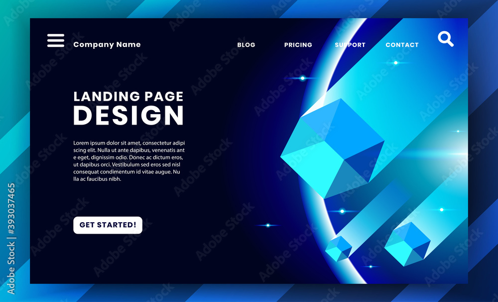 Wall mural landing page banner template. cube element concept. vector layout design. minimalist elegant landing
