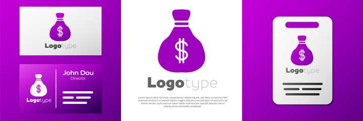 Logotype Money bag icon isolated on white background. Dollar or USD symbol. Cash Banking currency sign. Logo design template element. Vector.