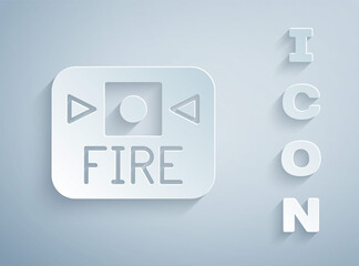 Paper cut Fire alarm system icon isolated on grey background. Pull danger fire safety box. Paper art style. Vector.