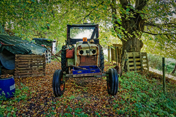 Worn out tractor placed in an autumn forest, Denmark