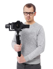 professional videographer holding dslr camera on 3-axis gimbal isolated on white
