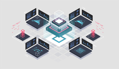 Programming and software development isometric illustration. Artificial intelligence automated process big data processing. Abstract coding development process. - obrazy, fototapety, plakaty