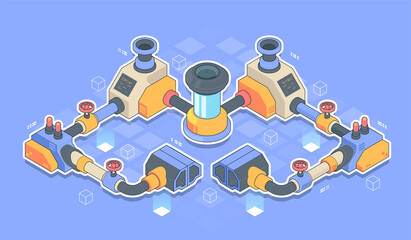 Abstract Industrial manufacturing production line equipment isometric illustration. Fantastic steampunk industrial machine of intricate design.