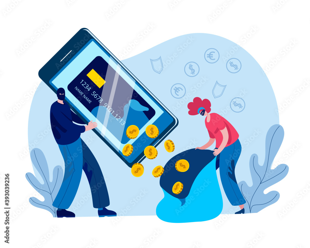 Poster hackers drained the money from the virtual card in the bag. concept of a vector illustration on the 