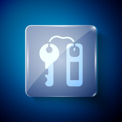 White Hotel door lock key with number tag icon isolated on blue background. Square glass panels. Vector.